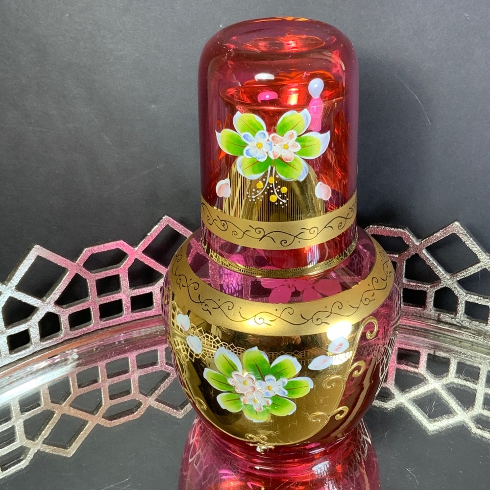 Czech Cranberry Tumble Up Bohemia Gold Guilt Applied Flowers Water Set #N1 - Picture 4 of 9